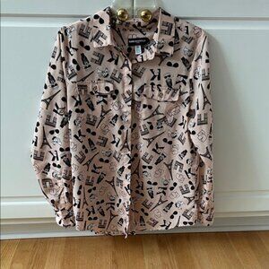 Karl Lagerfeld Pink and Black Graphic Paris-Themed Button Down Shirt